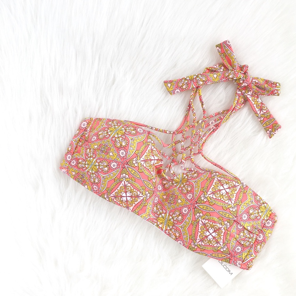 Pink Paisley Lace-Back Bandeau Bikini Top